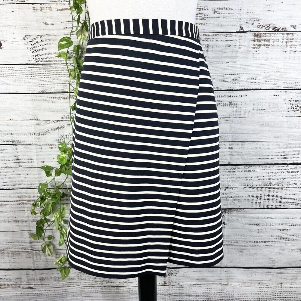 Ann Taylor Skirt size Small Navy Blue Ivory Striped Faux Wrap Sailor Nautical